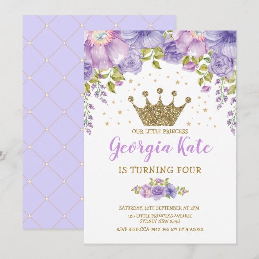 Crown Princess Paars Floral 1st Birthday Party Kaart (Voorkant / Achterkant)