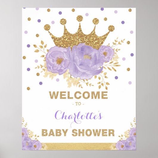 Crown Princess Paars Floral Baby shower Welcome Poster (Voorkant)