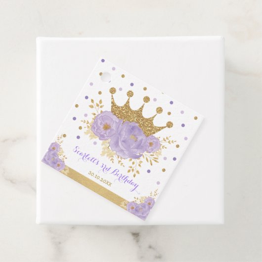 Crown Princess Paars Floral Gold Glitter Birthday Bedankjes Labels (In situ)