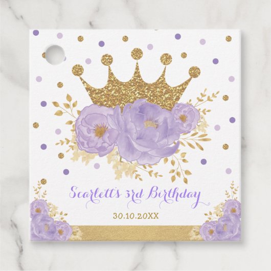 Crown Princess Paars Floral Gold Glitter Birthday Bedankjes Labels (Voorkant)