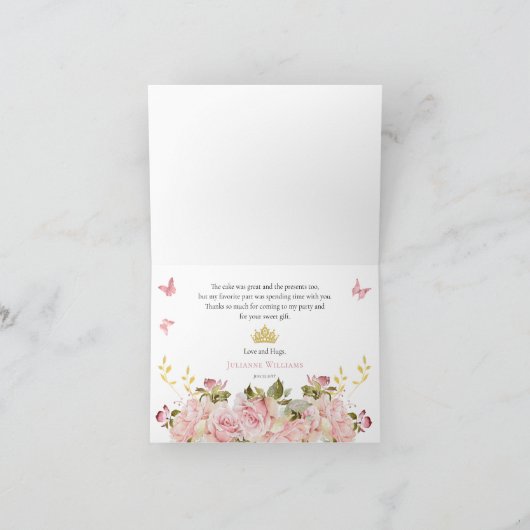 Crown | Vlinders Bloemen Prinses Verjaardag Bedankkaart (Binnen)