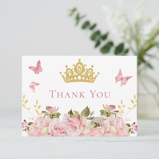 Crown | Vlinders Bloemen Prinses Verjaardag Bedankkaart (Staand voorkant)