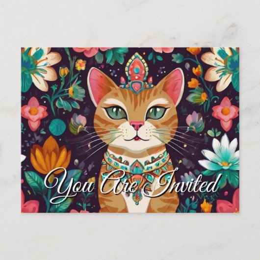 Crowned Bejewelled Cat  Invitation Postcard Uitnodiging Briefkaart (Voorkant)