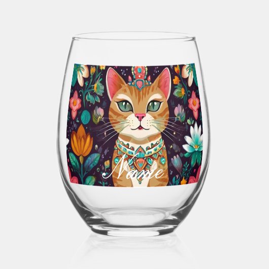 Crowned Bejewelled Cat  Wijnglas Zonder Voet (Voorkant)