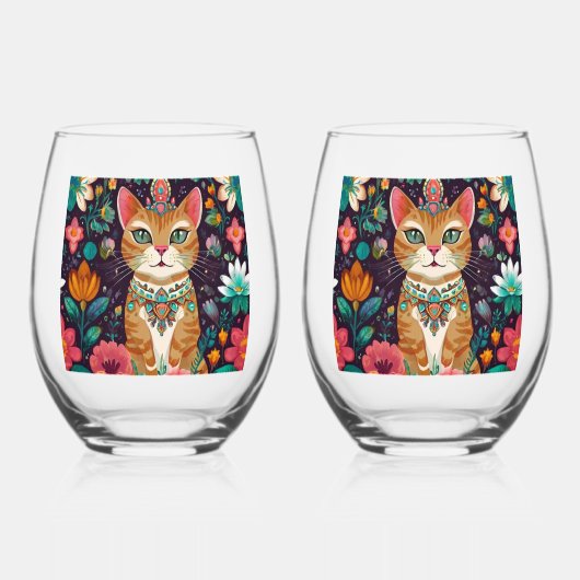 Crowned Bejewelled Cat Wijnglas Zonder Voet (Voorkant)