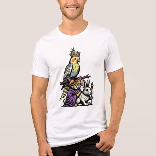 Crowned Cockatiel, Tabby Cat & Angora Rabbit, Funn Tri-Blend Shirt (Voorkant)