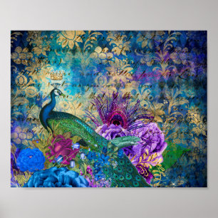 Crowned Peacock on Blue Purple Floral Poster
