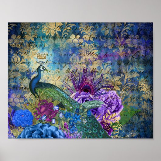 Crowned Peacock on Blue Purple Floral Poster (Voorkant)