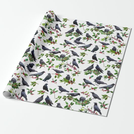 Crows Holly Wrapping Paper Cadeaupapier (Uitgerold)