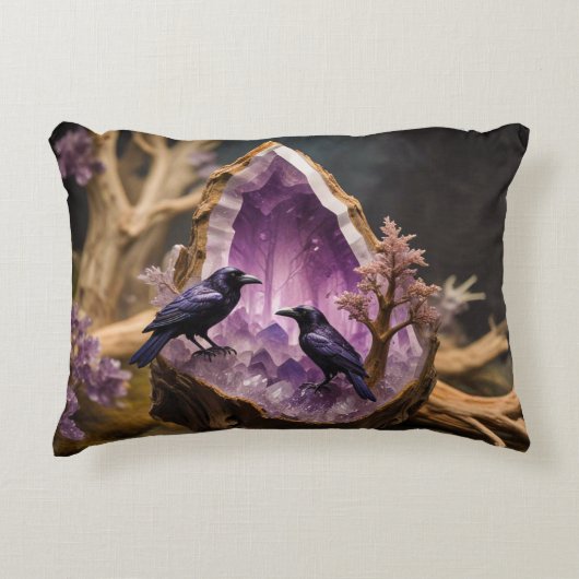 Crows Ravens Amethyst Crystal Fantasy Accent Kussen (Voorkant)