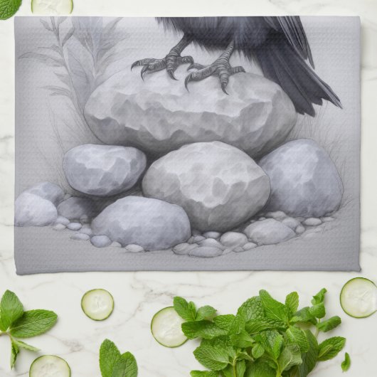 Crows Rock! Krähe Rabe mit Hut auf Steinen  Theedoek (Gevouwen)