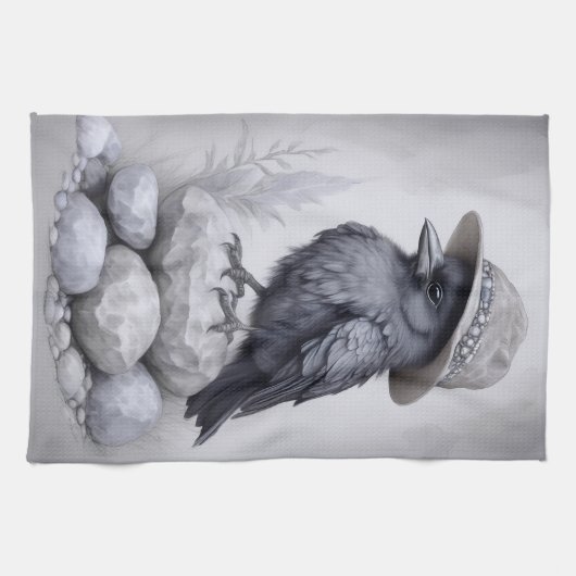 Crows Rock! Krähe Rabe mit Hut auf Steinen  Theedoek (Horizontaal)