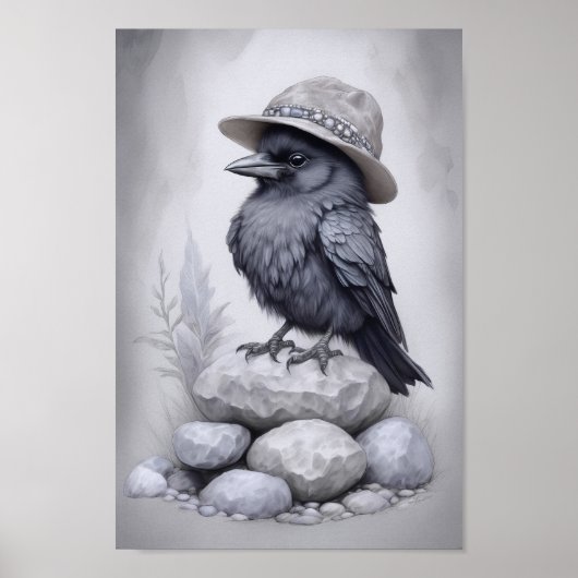 Crows Rock! Poster von Krähe mit Hut auf Steinen (Voorkant)