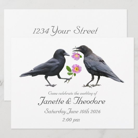 Crows Roses Wedding Invitation Kaart (Voorkant / Achterkant)