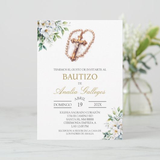 Crucifix Spaanse doop uitnodiging (Staand voorkant)