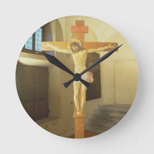 Crucifix (temperatuur op hout) ronde klok (Voorkant)