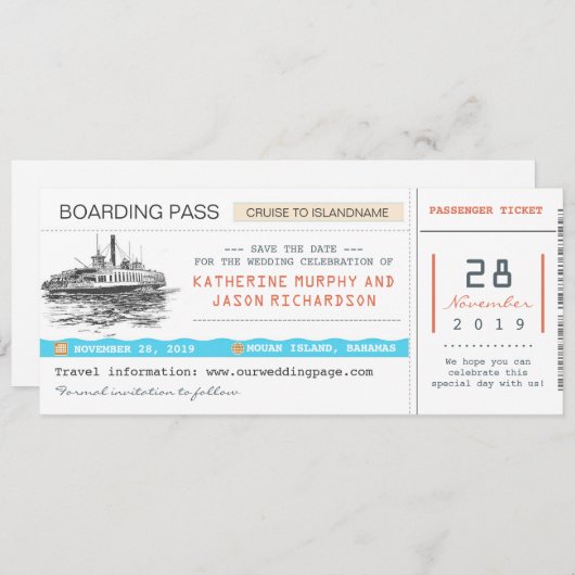 Cruise Boarding Pass Bewaar de datumtickets Save The Date (Voorkant / Achterkant)