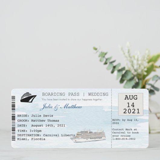 Cruise Boarding Pass Ticket bruiloft uitnodiging (Staand voorkant)