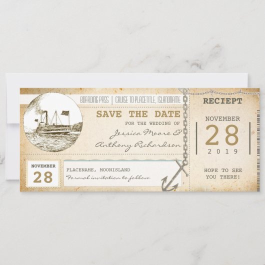 Cruise boarding pass tickets voor Save the Date (Voorkant)