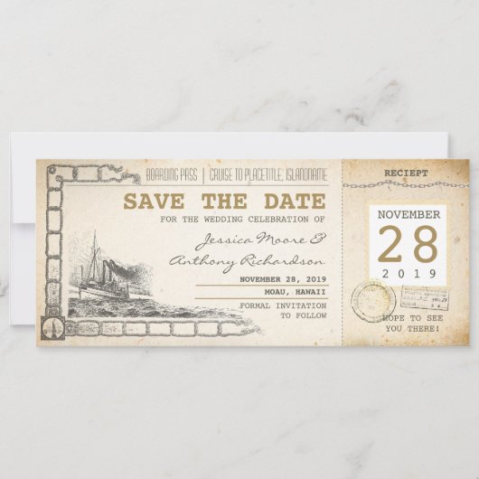 Cruise boarding pass tickets voor Save the Date (Voorkant)