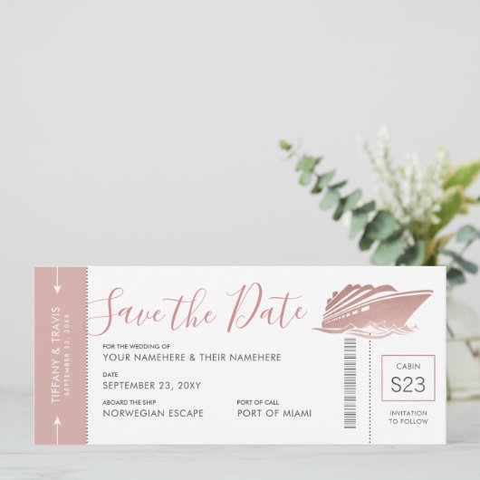 Cruise bruiloft instapkaart Roos Gold Pink Save The Date (Staand voorkant)