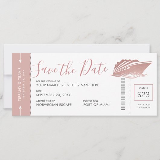 Cruise bruiloft instapkaart Roos Gold Pink Save The Date (Voorkant)