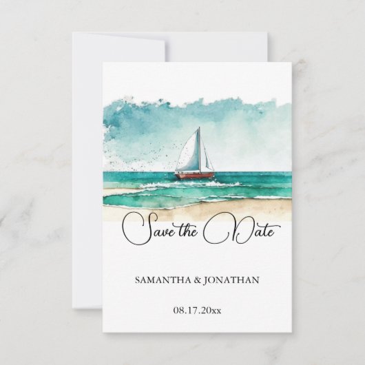 Cruise bruiloft, moderne minimalistische aquarel save the date (Voorkant)