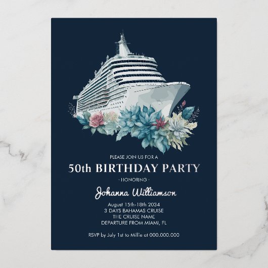 Cruise Ship 50th Birthday Party Luxury Silver Folie Uitnodiging (Voorkant)