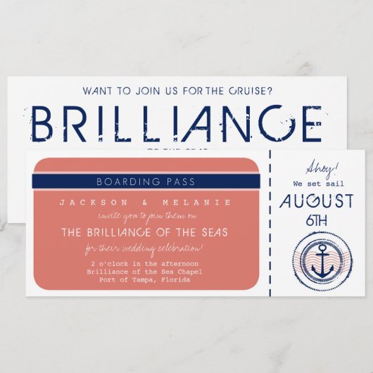 Cruise Ship Anchor Boarding Pass Wedding Invite Kaart (Voorkant / Achterkant)