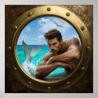 Cruise Ship Cabin Handsome Merman Porthole Poster
