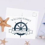 Cruise Ship Nautical Vacation Island van de aangep Briefkaart<br><div class="desc">Chic custom zomervakantion briefkaart voor je strandcruise op de oceaan met een blauw bootstuurwiel van de marine. Dit nautische ontwerp is perfect voor uw speciale reis. Pas uw achternaam en jaar aan.</div>