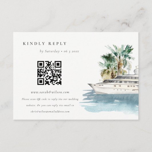 Cruise Ship Palm Seascape Wedding QR Code RSVP Informatiekaartje (Voorkant)
