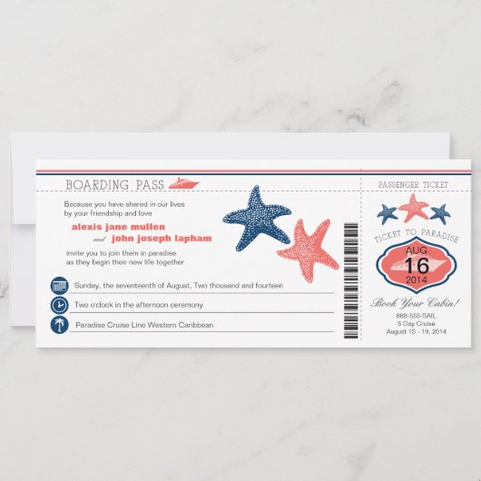 Cruise Starfish Boarding Pass Wedding Kaart (Voorkant)