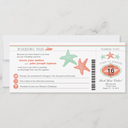 Cruise Starfish Boarding Pass Wedding Kaart (Voorkant)