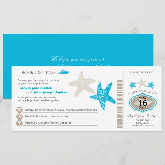Cruise Starfish Boarding Pass Wedding Kaart (Voorkant / Achterkant)