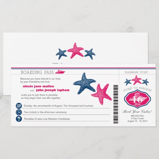 Cruise Starfish Boarding Pass Wedding Kaart (Voorkant / Achterkant)
