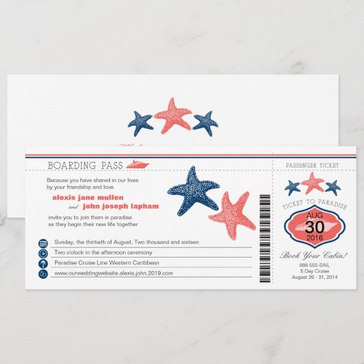 Cruise Starfish Boarding Pass Wedding Kaart (Voorkant / Achterkant)