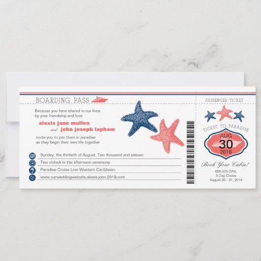 Cruise Starfish Boarding Pass Wedding Kaart (Voorkant)