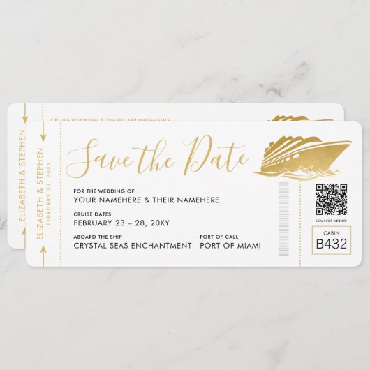 Cruise Weddenschap Ticket Boarding Pass Gold Save The Date (Voorkant / Achterkant)