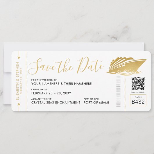Cruise Weddenschap Ticket Boarding Pass Gold Save The Date (Voorkant)