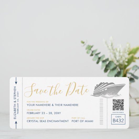 Cruise Weddenschap Ticket Silver Boarding Pass Save The Date (Staand voorkant)