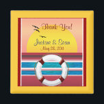 Cruise Wedding Personalized Favor Magneet<br><div class="desc">Een romantische zonsondergang uitzicht hart cruise schip magneet in vierkante vorm. Een prachtige gunst voor een cruise bruiloft. Deze magneet is voorzien van een romantische en levendige gekleurde zonsondergang uitzicht digitale kunst in een hart, door XG Design NYC. Het is een uniek gunstidee om je gasten te bedanken en hen...</div>