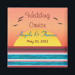 Cruise Wedding Personalized Sunset Favor Magnet<br><div class="desc">Sunset Uitzicht gepersonaliseerde cruise bruiloft gunt magnet. Een prachtig vierkant vormgegeven magneet gunst voor een cruise-bruiloft. Magnet heeft een romantische zonnegekleurde digitale uitzicht kunst van XG Design NYC. Een unieke cruise bruiloft bevoordeelt alles van je speciale dag. Pas het met uw namen aan, en trouwdatum op de verstrekte gebieden van...</div>