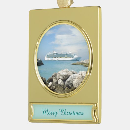 Cruiseschip bij CocoCay Verguld Banner Ornament (Links)