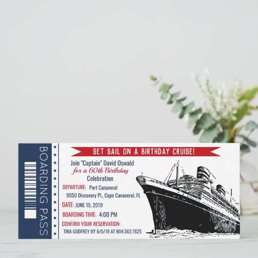 Cruiseschip Boarding Pass Verjaardag uitnodiging (Staand voorkant)