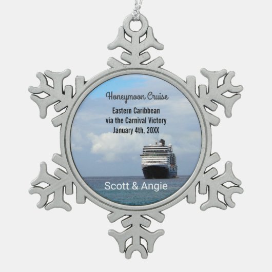 cruiseschip | Honeymoon gepersonaliseerd Tin Sneeuwvlok Ornament (Voorkant)
