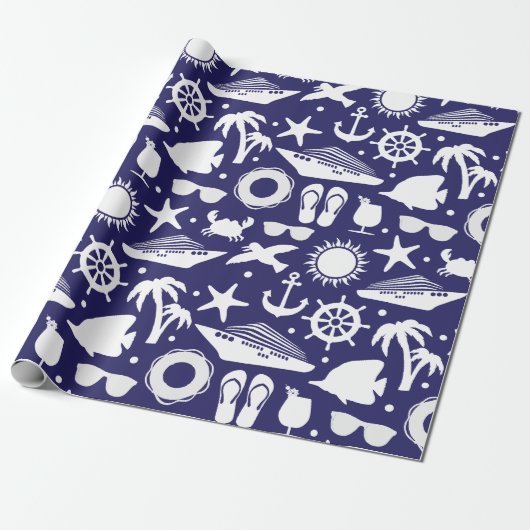 Cruiseschip met patroon Navy blauw en wit Cadeaupapier (Uitgerold)