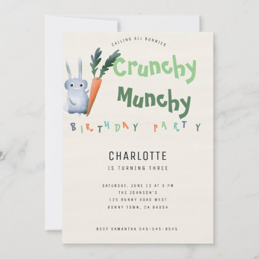 Crunchy Munchy Bunny Birthday Party Funny Cute Kin Kaart (Voorkant)