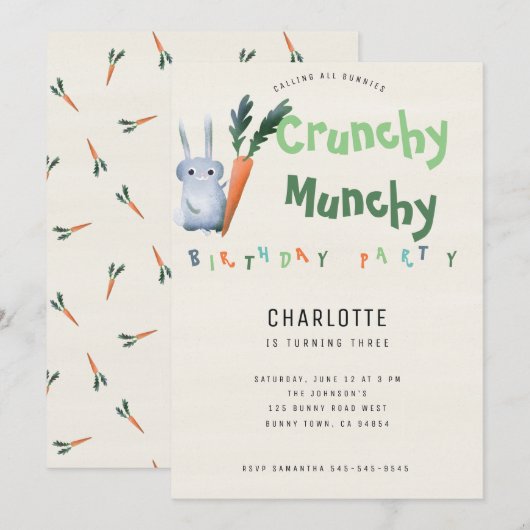 Crunchy Munchy Bunny Birthday Party Funny Cute Kin Kaart (Voorkant / Achterkant)
