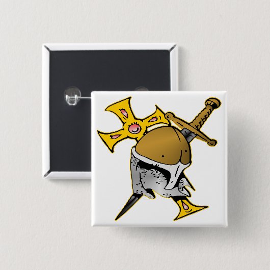 Crusader Helmet Cross en Sword Vierkante Button 5,1 Cm (Voorkant /achterkant)